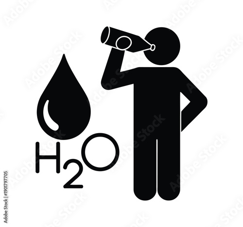 Stay hydrated line icon, healthy and h2o, drink water sign, vector graphics, a linear icon on a white background. Person drinking water from bottle with H2O symbol. 