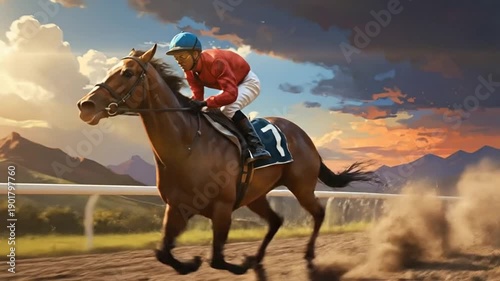 Wallpaper Mural Dynamic horse race scene with a jockey riding at full speed against cloudy sky. Torontodigital.ca