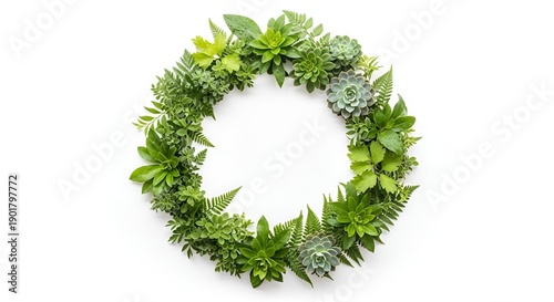 Aerial view of lush green wreath with various plants and leaves on white surface