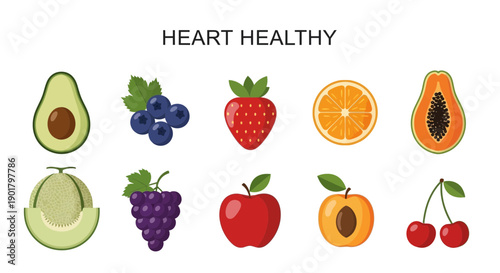 Ten hearthealthy fruits illustrated against a white background under a title