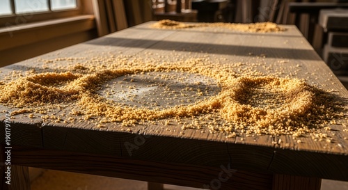 Sawdust scattered on a wooden workbench in a workshop, viewed from a low angle with natural light
