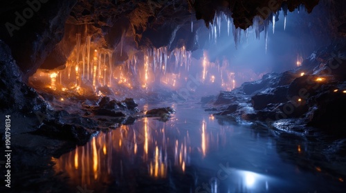 Underground Cave With Glowing Lights Reflecting in Still Water
