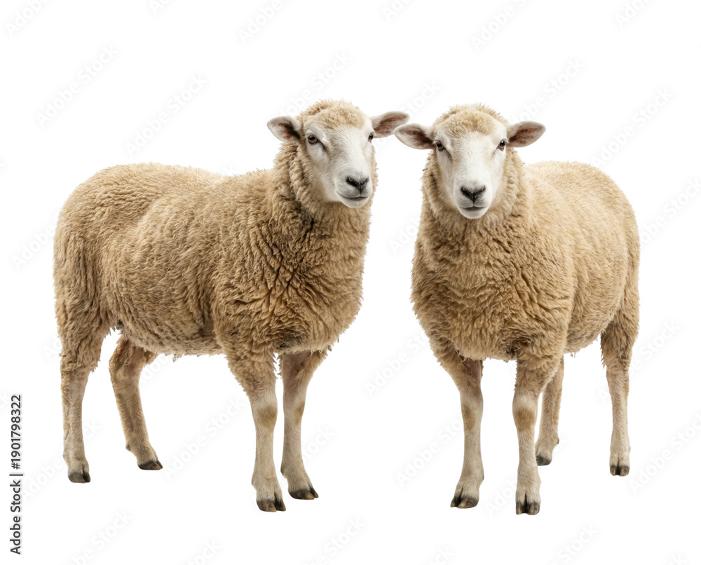 Fototapeta premium Two beige wool sheep standing side by side, livestock portrait on white studio backdrop