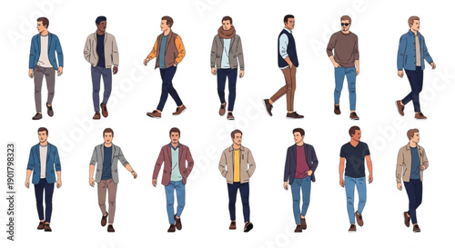 Diverse Modern Men Walking Casual Fashion Lifestyle Male Character Collection