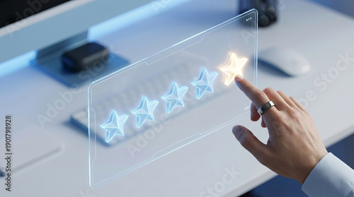 Man Touching Five Star Rating on Futuristic Digital Interface for Customer Feedback and Business Success