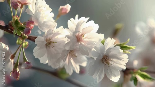 Close-up of enchanting white cherry blossoms on a branch, illuminated by gentle sunlight, capturing the serene elegance and delicate beauty of spring