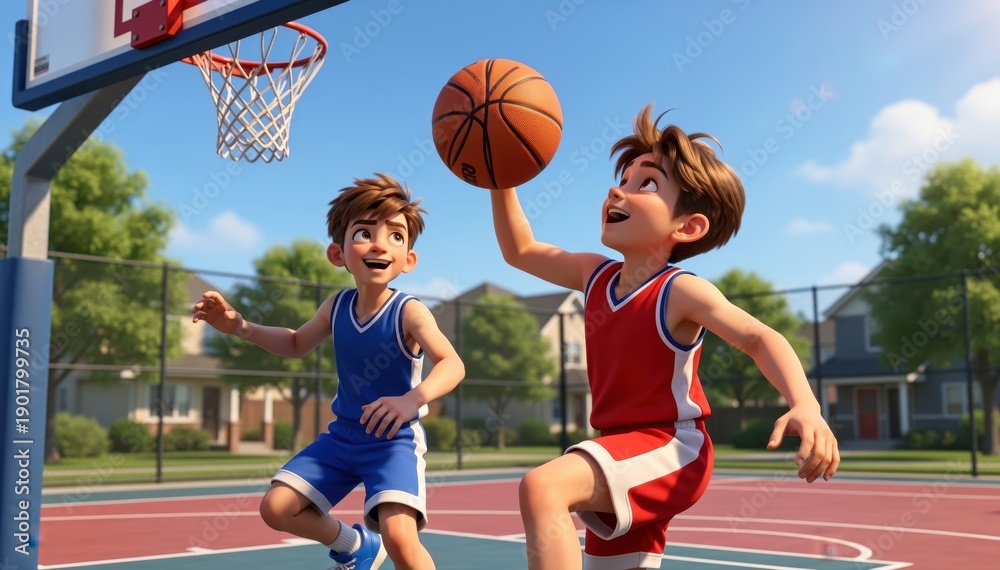 Naklejka premium Basketball Dreamers: Two young boys engaged in an outdoor basketball game, illustrating teamwork and athletic spirit under a sunny sky.