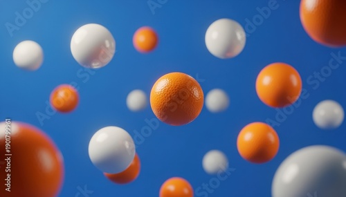 Abstract Spheres: Floating orange and white spheres against a vibrant blue backdrop, creating a dynamic visual that sparks curiosity and intrigue. 
