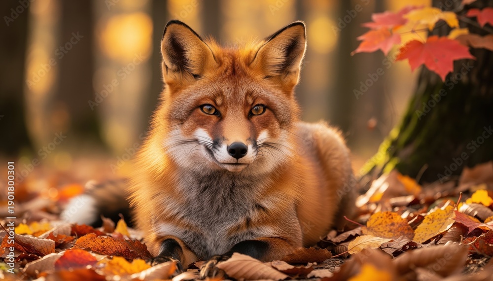 Fototapeta premium Autumn Fox: A vibrant red fox, the quintessential symbol of autumn, rests regally amidst a tapestry of fallen leaves and the warm hues of the season.