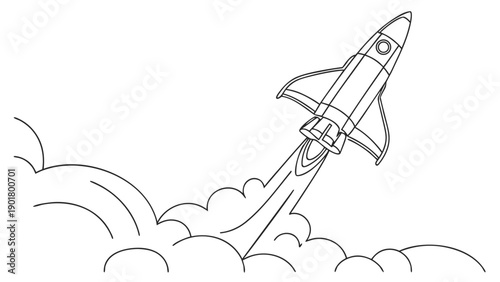 Rocket ship launching into sky with clouds and rainbow