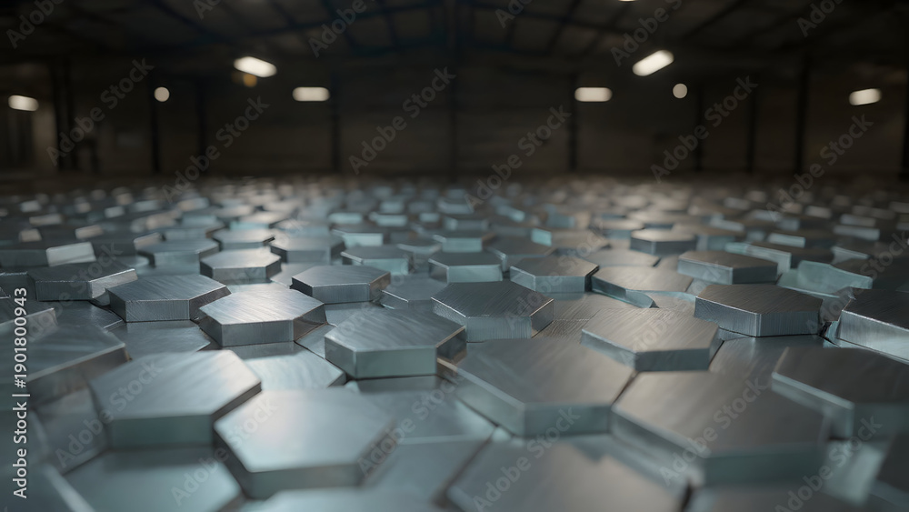 Obraz premium Anodized aluminum hexagonal modules with gradient color-shifting light from violet to turquoise across the technical aerospace-grade material composition