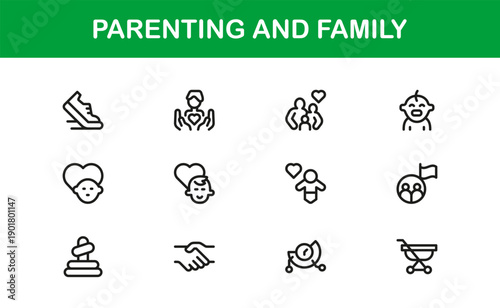 Parenting Family Line Icon Set – Modern Minimal Vector Icons for Nurturing Love and Care
