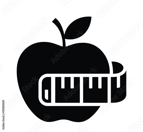 Apple and measuring tape icon. eat healthy fruit vegetable to weight loss and being slim fit by measuring tape scale meter sign. apple diet calorie ruler tape symbol vector See Less. 
