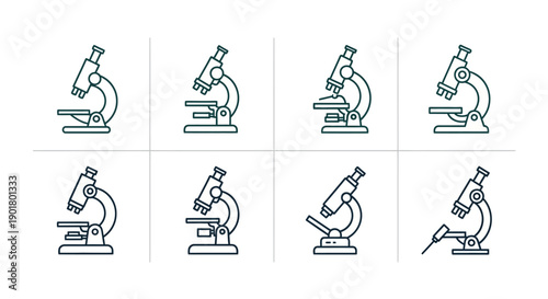 Illustration of different microscope styles arranged in a grid-like structure for science