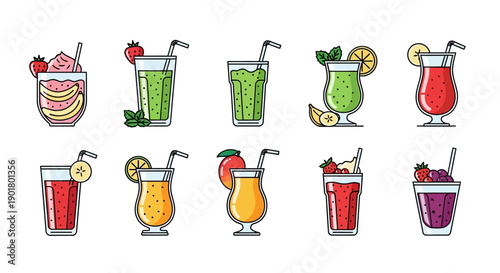 Illustration of diverse and refreshing fruit smoothies in stylish glassware for summer