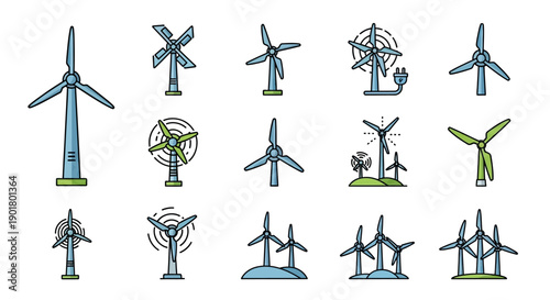 Illustration of diverse wind turbines showcasing sustainable energy and renewable resources