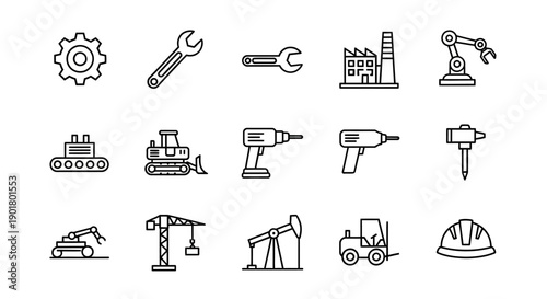 Industrial and construction equipment outlined as black and white vector icons and symbols