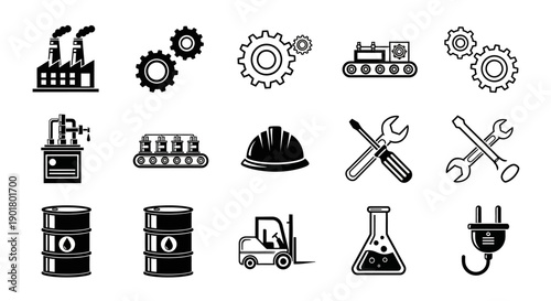 Industrial Icons: Illustrations of Factories, Gears, and Engineering Elements