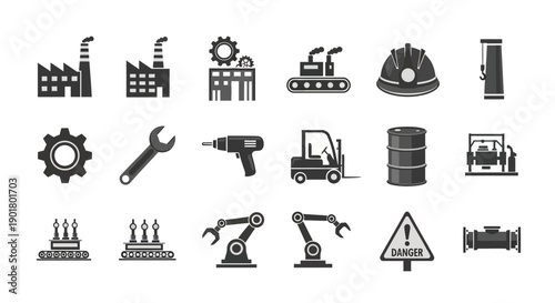 Industrial Icons: Machinery, Equipment, and Factory Elements in a Flat Design Style