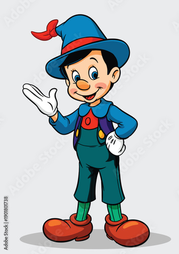 065-45-Pinocchio cartoon character standing with inviting gesture and smiling