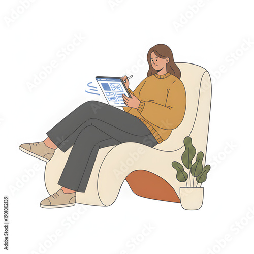 Creative woman reviewing wireframes on tablet, sitting sideways on chair, design professional vibe