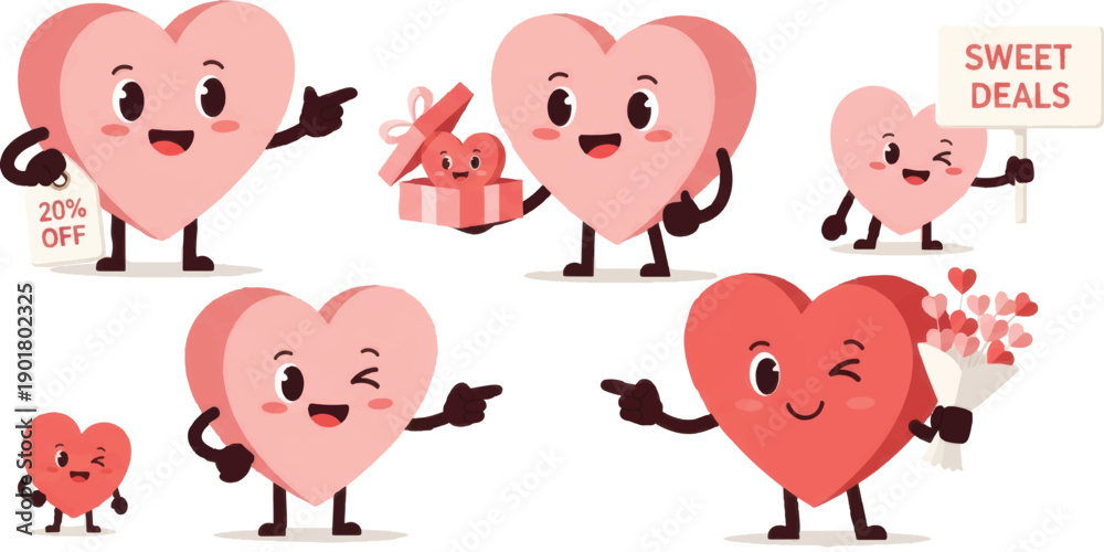 Obraz premium Hearts' Delight: A collection of cute, personified heart characters expressing emotions with charm and holding gifts and signs that evoke feelings of affection and care. 