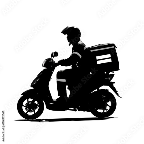 Silhouette of a Helmeted Rider on a Scooter with Box, Left-Facing View