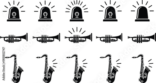 Set of black silhouette icons featuring emergency sirens, trumpets, and saxophones for music, alert, notification, sound, alarm, and performance design.
