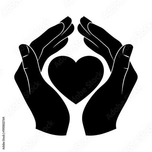 Protective Hands Cradle Heart with Symmetrical Care in Minimalist Black-White Illustration from Front View