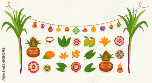 Celebrating Colorful Garland with Green Leaves, Flowers, and Plants in White Studio Illustration