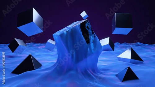 3D Rendering of Cubes in Blue Liquid.