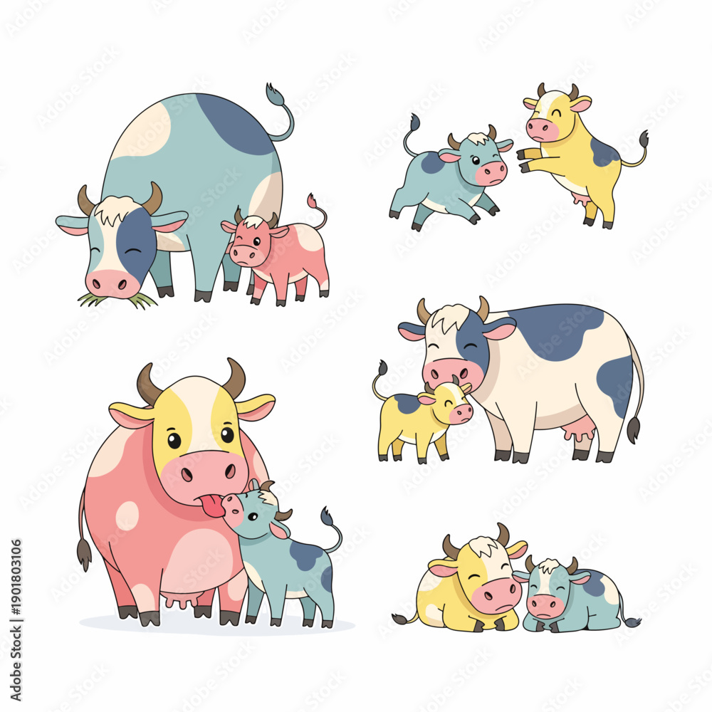 Obraz premium Cows With Calves Cartoon Set