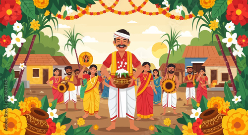 Vibrant Indian Festival Celebration Illustration of Joyful People in a Sunny Courtyard