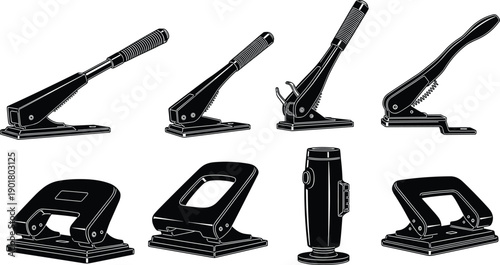 Set of black silhouette icons featuring various office hole punchers, manual paper drills, and stationery tools for document binding and organization.