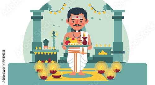 Festive Man in Dhoti Holding Tray at Temple Celebration Illustration