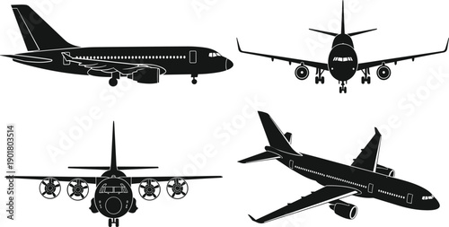 Vector, black, silhouette, illustration, set, of, various, commercial, airplanes, including, passenger, jets, and, propeller, planes, for, aviation, travel, flight, and, aerospace, engineering, design