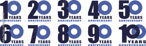 アニバーサリーのロゴ「10周年、20周年、30周年、40周年、50周年、60周年、70周年、80周年、90周年、100周年」
