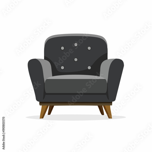 A modern armchair with wooden legs, upholstered in dark gray fabric, presented in a straightforward, front-view illustration style on a neutral background