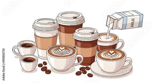 Wallpaper Mural AI-Generated Coffee and Milk Vector Set with Latte Art, Takeaway Cups, Coffee Beans, Flat Cartoon Style, Isolated on White Background Torontodigital.ca