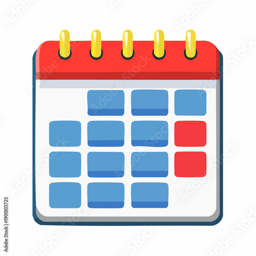 Calendar icon illustrating a monthly schedule with red and blue dates marked on a clean, graphical interface