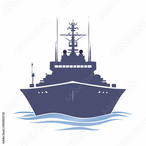 Navy Ship Sailing on Calm Waters, Vector Illustration of Maritime Vessel at Sea, Front View