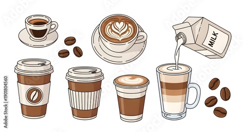 Wallpaper Mural AI-Generated Coffee and Milk Vector Set with Latte Art, Takeaway Cups, Coffee Beans, Flat Cartoon Style, Isolated on White Background Torontodigital.ca