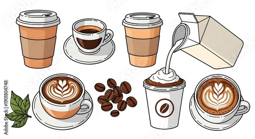 Wallpaper Mural AI-Generated Coffee and Milk Vector Set with Latte Art, Takeaway Cups, Coffee Beans, Flat Cartoon Style, Isolated on White Background Torontodigital.ca