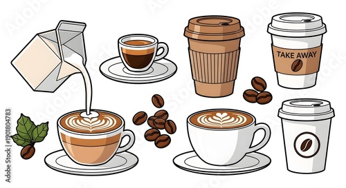 Wallpaper Mural AI-Generated Coffee and Milk Vector Set with Latte Art, Takeaway Cups, Coffee Beans, Flat Cartoon Style, Isolated on White Background Torontodigital.ca