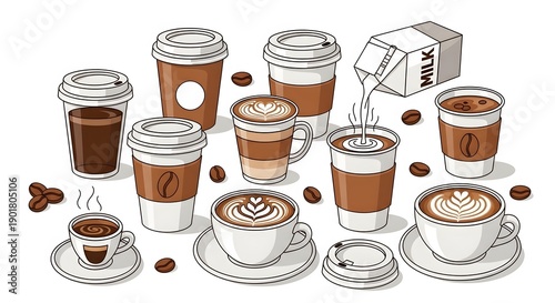Wallpaper Mural AI-Generated Coffee and Milk Vector Set with Latte Art, Takeaway Cups, Coffee Beans, Flat Cartoon Style, Isolated on White Background Torontodigital.ca