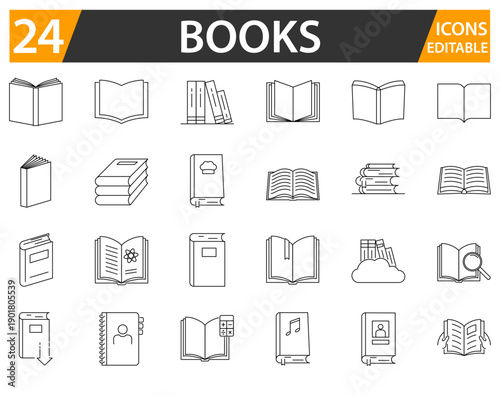 Books line icon set with editable strokes.