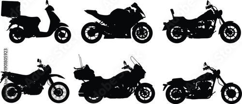 Motorcycle silhouettes collection, scooter, sportbike, cruiser, off-road, touring bike, diverse motorbike styles for transport and travel