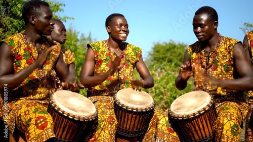 African Men Playing Drums in Traditional Outfits.