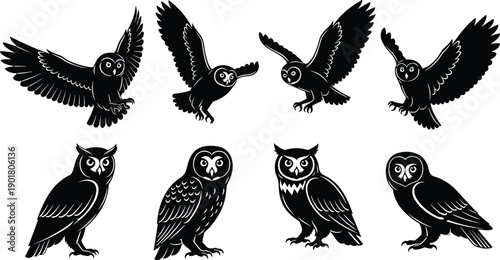 Stylized owl silhouettes in flight and perched positions, graphic illustration with blue outlines, wildlife art design, nocturnal birds
