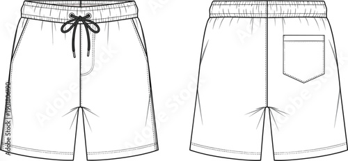 Technical flat sketch of shorts, front and back view, elastic waistband, drawstring, side pockets, patch pocket, fashion illustration